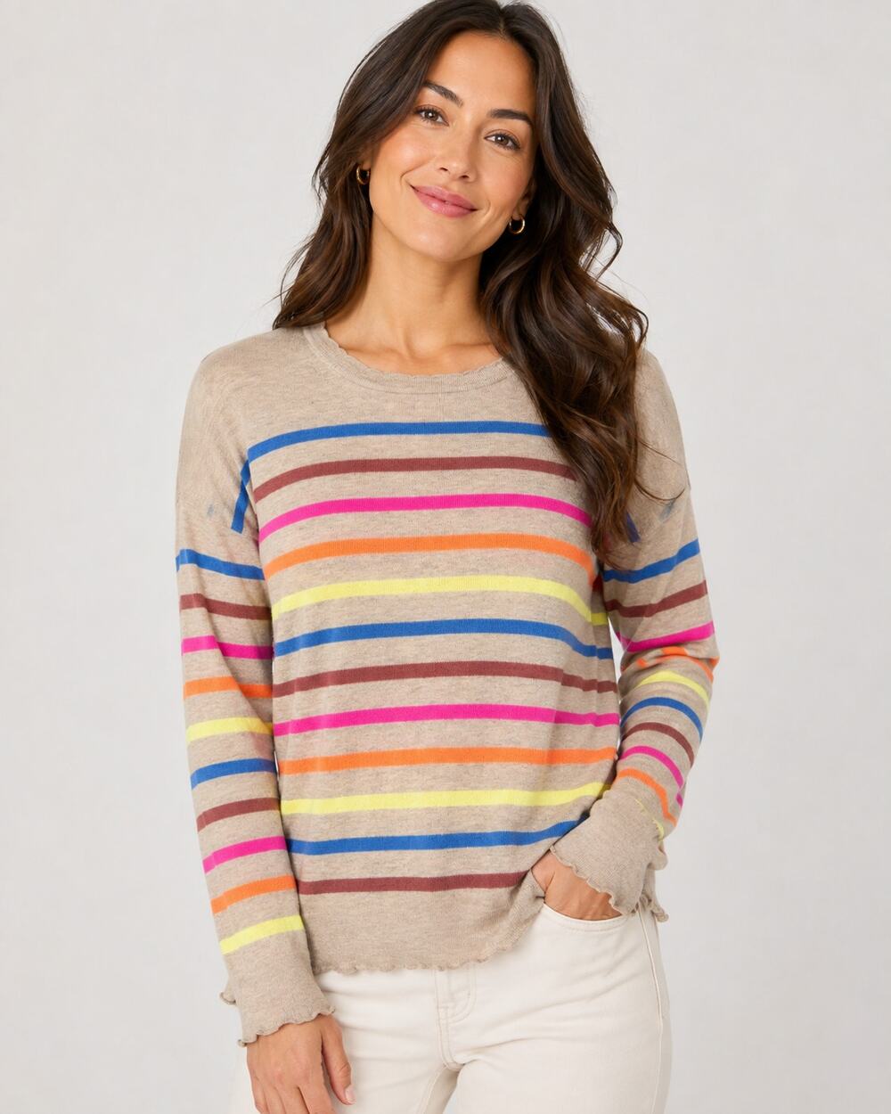 SUNDRY Womens L 3 Beige Multi-Color Stripe Crewneck Sweater Raw Hem Pullover